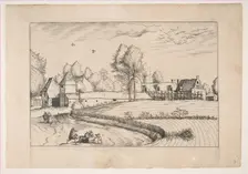 Country Houses, couple and cornfield in the foreground, from the series The Small Lands..., 1559-61. Creator: After The Master of the Small Landscapes (Netherlandish, 16th century)