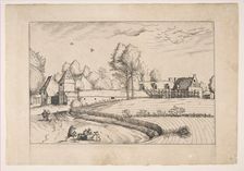 Country Houses, couple and cornfield in the foreground, from the series The Small Lands..., 1559-61. Creator: After The Master of the Small Landscapes (Netherlandish, 16th century)