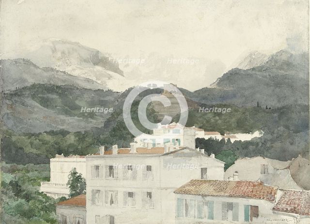 Country houses at the foot of the mountains, high mountains in the distance, La Turbie, 1875. Creator: Jules-Ferdinand Jacquemart.
