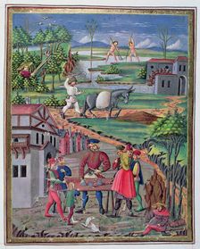 Country Life and hand games, Illustration in De Sphera illuminated manuscript, 15th century