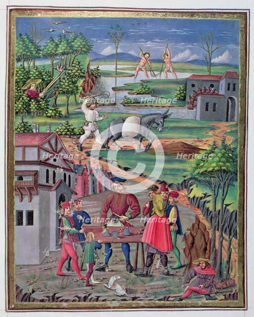 Country Life and hand games, Illustration in 'De Sphera', illuminated manuscript, 15th century.