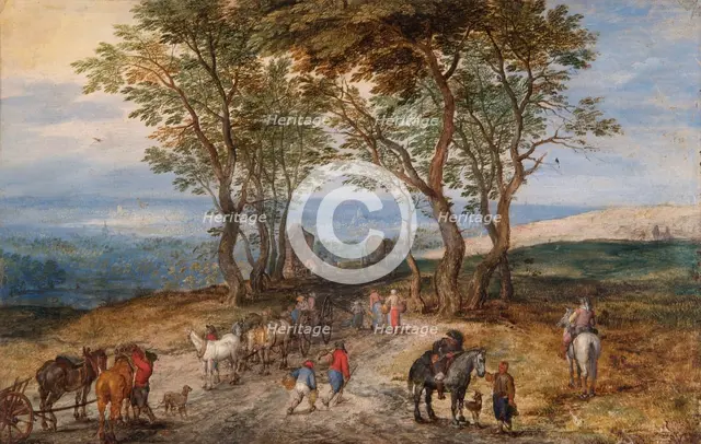 'Country Road Scene with Figures: a Man Praying at a Shrine', c1610. Artist: Jan Brueghel the Elder.