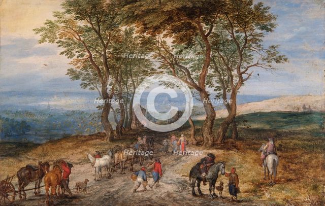 'Country Road Scene with Figures: a Man Praying at a Shrine', c1610. Artist: Jan Brueghel the Elder.