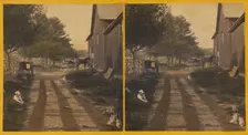 Country road with barn, dogs and cats about, about 1865. Creator: Unknown