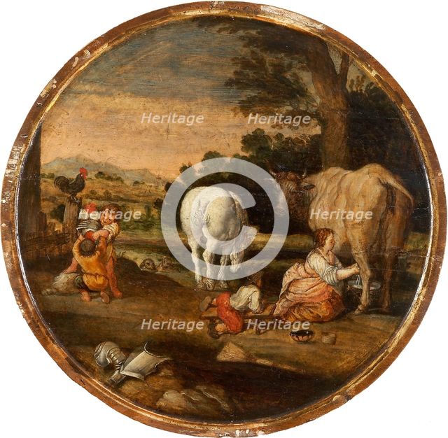 Country Scene with Milkmaid and Children Playing with Armour: March and April, c1620-1630. Creator: Dutch Master.