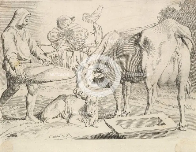 Country Scene with a Peasant, Cow and Calf. Creator: Claude Mellan.