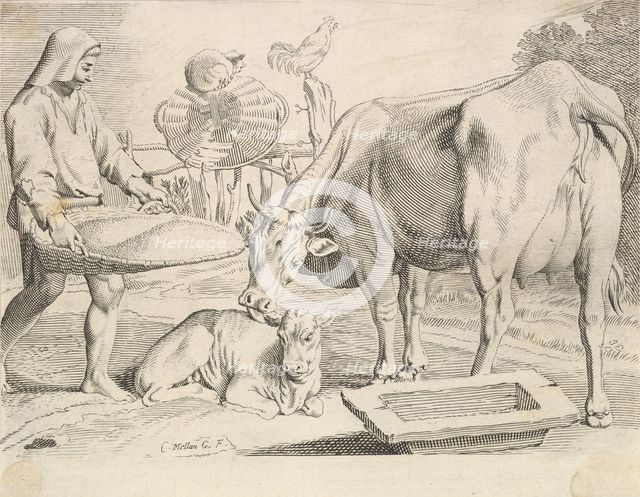 Country Scene with a Peasant, Cow and Calf. Creator: Claude Mellan.