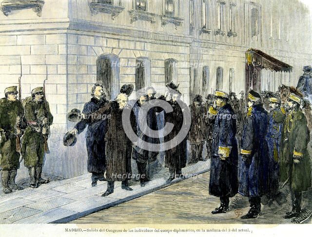 Coup d'état 1874, exit of diplomatic corps from Congress,' engraving from 'Ilustración española y…