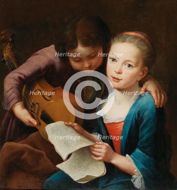 Couple of children playing music, 1746. Creator: Eichler, Gottfried, the Elder (1677-1759).