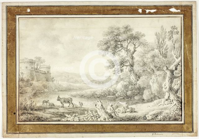 Couple, Bull and Sheep by River with Castles in Background, n.d.