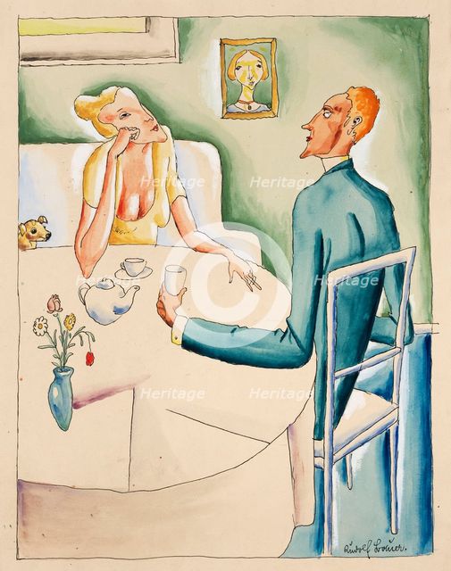 Couple drinking tea, before 1920. Creator: Bauer, Rudolf (1889-1953).