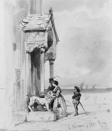 Couple Entering Building, with Attendant (from Cropsey Album), 1850. Creator: Carl Friedrich Heinrich Werner