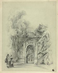 Couple in 17th Century Dress Standing Before Entrance to Park, 1864. Creator: Charles de Anson