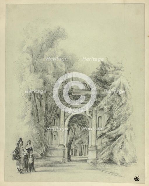 Couple in 17th Century Dress Standing Before Entrance to Park, 1864. Creator: Charles de Anson.