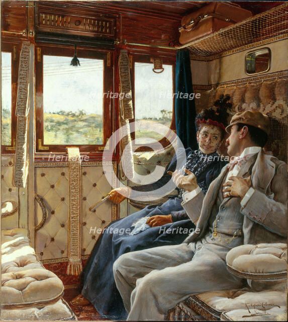 Couple in a train compartment, c1895. Creator: Ricardo Lepez Cabrera.
