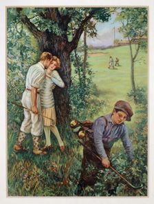 Couple kissing by a tree while young caddy looks for ball, c1930s