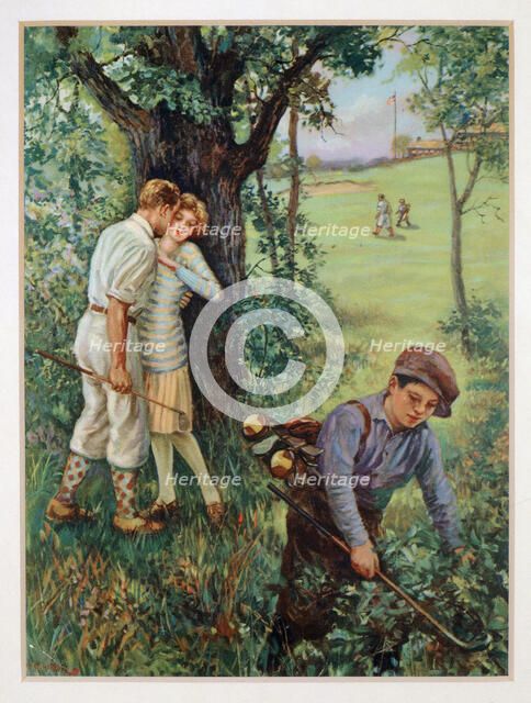Couple kissing by a tree while young caddy looks for ball, c1930s. Artist: Unknown