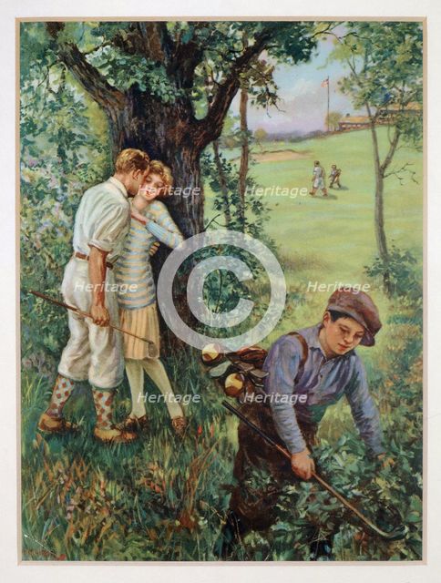 Couple kissing by a tree while young caddy looks for ball, c1930s. Creator: Unknown.
