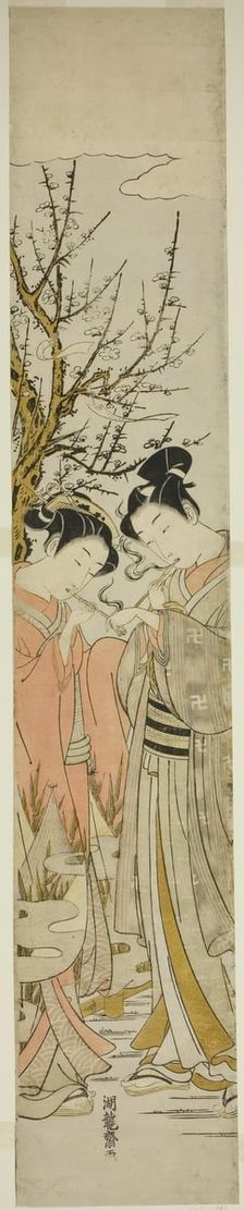 Couple Lighting Pipes Under a Plum Tree, c. 1772. Creator: Isoda Koryusai