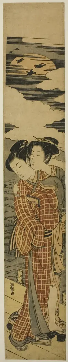 Couple Standing on a Pier Embracing on a Moonlit Night, c. 1774. Creator: Isoda Koryusai