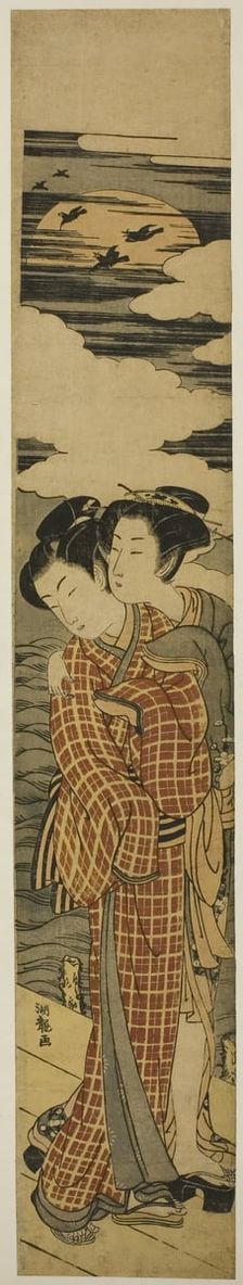 Couple Standing on a Pier Embracing on a Moonlit Night, c. 1774. Creator: Isoda Koryusai