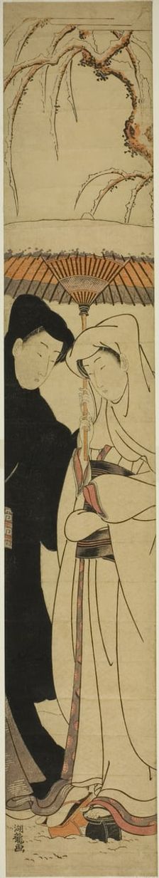 Couple Sharing an Umbrella Under the Snow, c. 1771. Creator: Isoda Koryusai