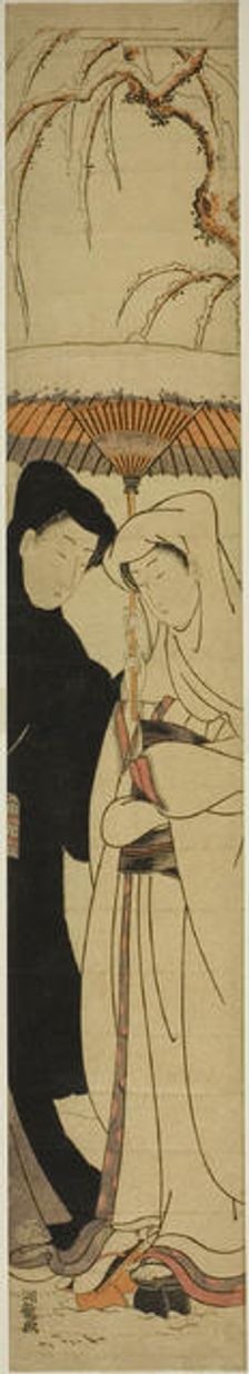 Couple Sharing an Umbrella Under the Snow, c. 1771. Creator: Isoda Koryusai