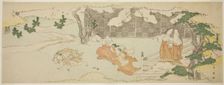 Court Ladies on a Balcony Watching a Woman and a Girl Chasing a Man in the Yard..., late 1790s. Creator: Katsukawa Shun'ei
