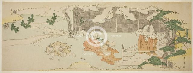 Court Ladies on a Balcony Watching a Woman and a Girl Chasing a Man in the Yard..., late 1790s. Creator: Katsukawa Shun'ei.
