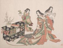 Court Ladies Dragging a Cabinet along the Floor, 19th century. Creator: Kubo Shunman