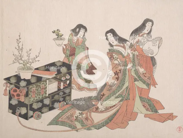 Court Ladies Dragging a Cabinet along the Floor, 19th century. Creator: Kubo Shunman.