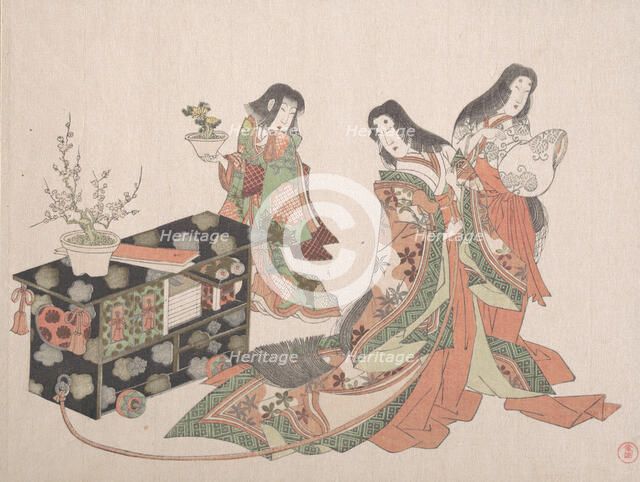 Court Ladies Dragging a Cabinet along the Floor, 19th century. Creator: Kubo Shunman.