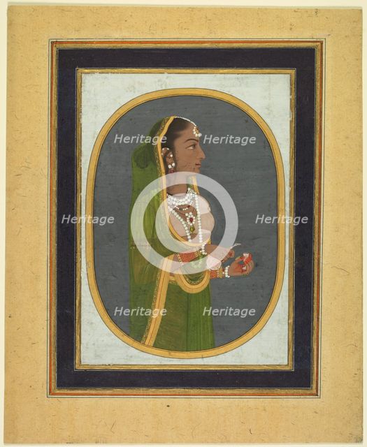 Court lady pouring wine, c. 1760; borders c. 1830s. Creator: Muhammad Rizavi Hindi (Indian, active mid-1700s), attributed to.
