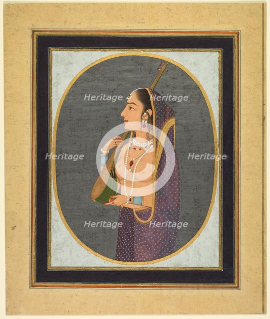 Court lady singing and playing the vina, c. 1760. Creator: Muhammad Rizavi Hindi (Indian, active mid-1700s), attributed to.