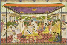 Court scene with panoramic palace and garden background, 19th century (1801 - 1900)