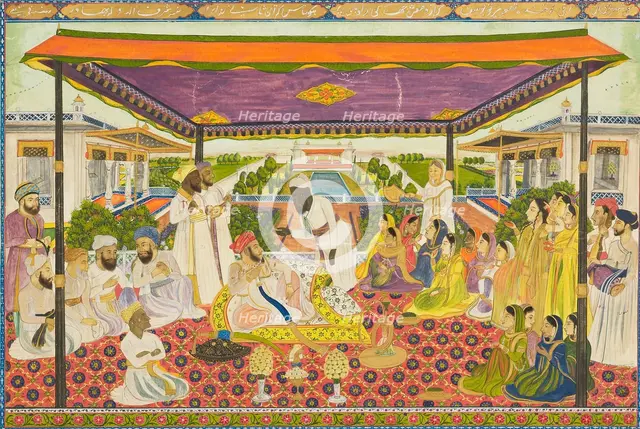 Court scene with panoramic palace and garden background, 19th century (1801 - 1900). Artist: Unknown.