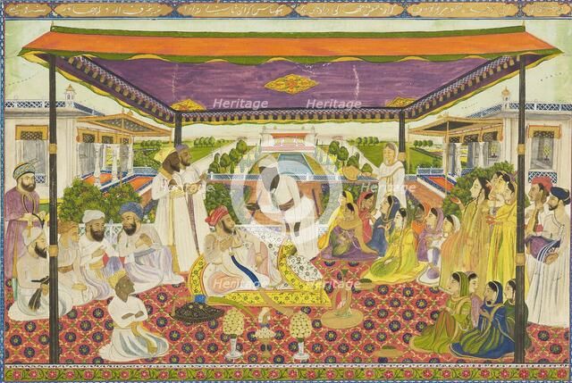 Court scene with panoramic palace and garden background, 19th century (1801 - 1900). Artist: Unknown.