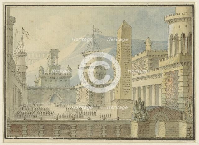 Courtyard of a fortress with obelisk, troops in line, 1800-1900. Creator: Alphonse Jean-Baptiste Vien.