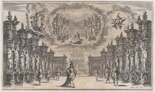 Courtyard of a palace with a man standing at center surrounded by attendants; above, a vis..., 1668. Creator: Mathäus Küsel