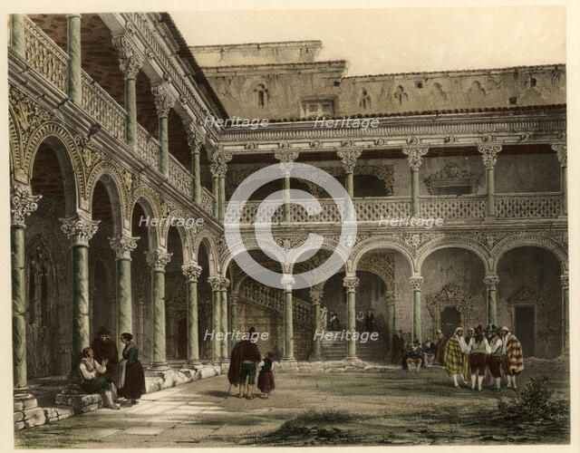 Courtyard of the archbishop Palace of Alcalá de Henares, with scene of life and traditional costu…