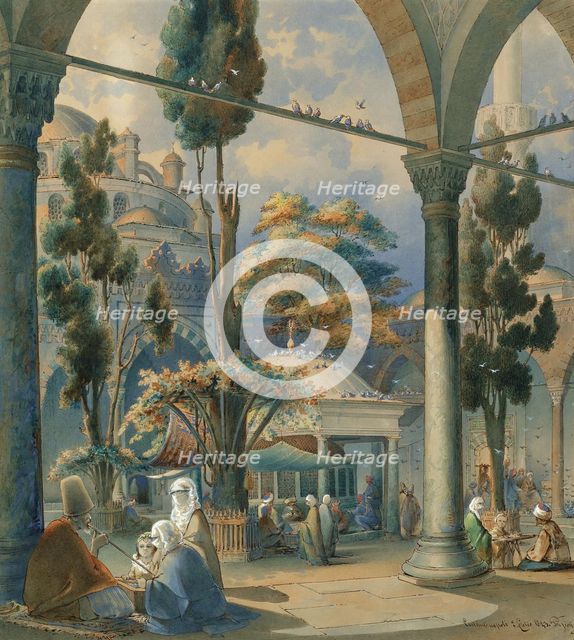 Courtyard of the Sultan Bayezid Mosque in Constantinople. Artist: Preziosi, Amedeo (1816-1882)