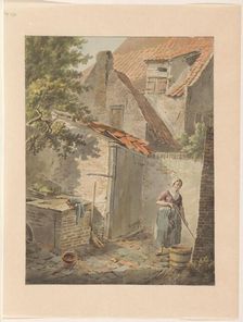 Courtyard with a maid who cleans, 1775-1840. Creator: Carel Lodewijk Hansen