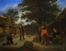 Courtyard with Men Playing a Ball Game and Drinking and Smoking, 1625-1650 or 1650-1675. Creator: Adriaen van Ostade