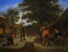 Courtyard with Men Playing a Ball Game and Drinking and Smoking, 1625-1650 or 1650-1675. Creator: Adriaen van Ostade