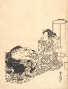 Courtesan or Actor as Courtesan Pouring Tea by the Light of a Lantern. Creator: Utagawa Toyokuni I