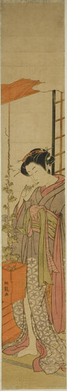 Courtesan Admiring Morning Glories while Cleaning Her Teeth, c. 1775. Creator: Isoda Koryusai
