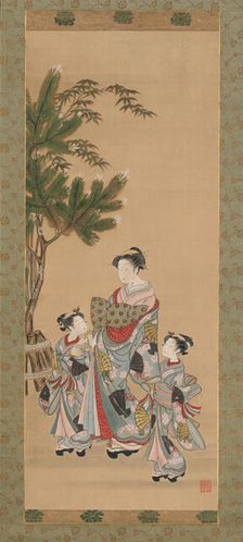 Courtesan and Two Attendants on New Year's Day, ca. 1780s. Creator: Isoda Koryusai
