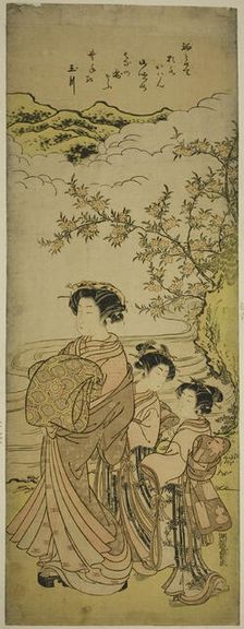 Courtesan and Two Attendants Parading by a Stream, c. 1776. Creator: Isoda Koryusai
