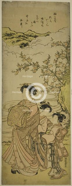 Courtesan and Two Attendants Parading by a Stream, c. 1776. Creator: Isoda Koryusai.