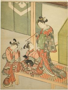 Courtesan and Two Attendants Playing with a Dog, c. 1766. Creator: Suzuki Harunobu